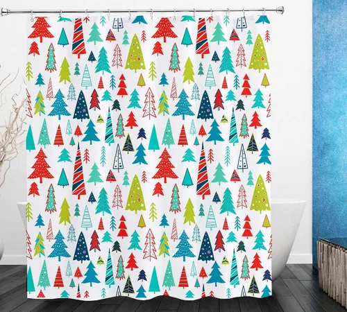 Vista 3 de Cortina de ducha con diseño de árbol de Navidad, acuarela, árbol de Navidad, invierno, vacaciones, tela de poliéster, cortina de ducha de baño, 72 x