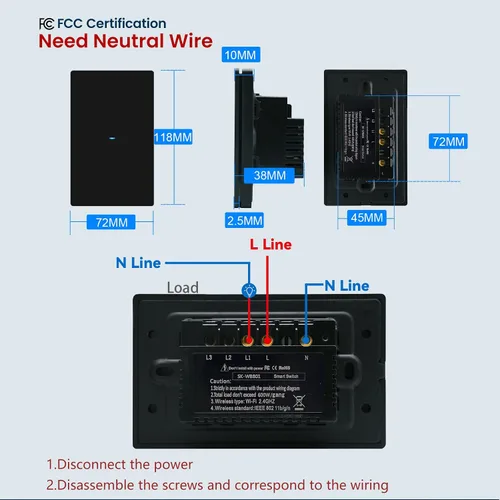 Vista 2 de Interruptor de luz inteligente requiere cable neutro, certificado FCC, interruptor de botón de presión WiFi de 2.4GHz compatible con Alexa, control