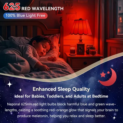 Vista 4 de Neporal Bombillas de Luz Roja de 625nm 3W para Dormir, Bombillas de Bloqueo 100% de Luz Azul para Promover la Melatonina, Bombilla LED A19