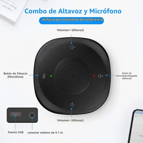 Vista 3 de Micrófono de altavoz USB, micrófono de computadora omnidireccional para conferencia, con captación de voz de 360º, botones de sensor táctil