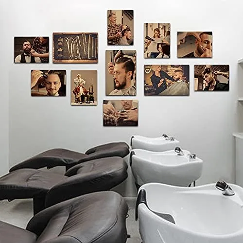 Vista 3 de 11 piezas de arte de pared retro barbería herramientas exquisitas figuras pintura lienzo arte peluquero decoración de pared marco de fotos pintura
