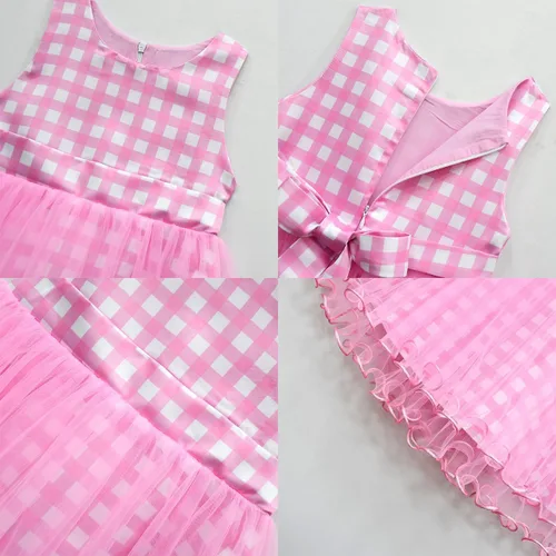 Vista 6 de IWEMEK Vestido de cuadros rosa de los años 50 para niñas, vestido a cuadros rosa con sombrero y lazo para el pelo a cuadros, 3 piezas, disfraz
