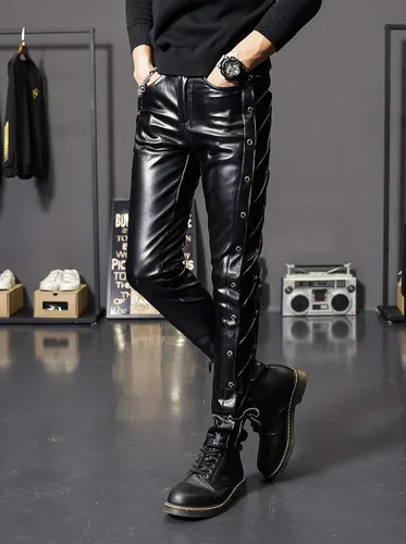 Vista 2 de Idopy Pantalones de piel sintética con cordones para hombre Rock Steampunk