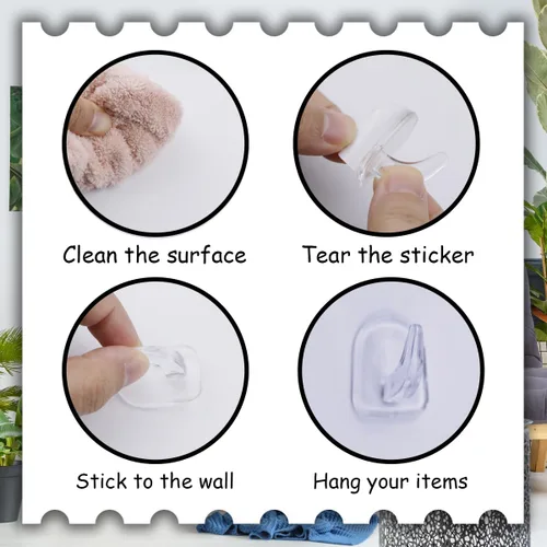 Vista 3 de 40 ganchos de pared adhesivos transparentes para paredes, sin daños, transparentes, reutilizables, sin clavos, pequeños ganchos adhesivos acrílicos