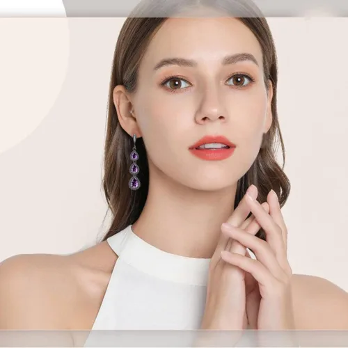 Vista 2 de LMXXVJ Juego de collar y aretes largos, chapados en oro blanco, juego de joyas de zafiro azul creado, joyería de regalo para boda, fiesta, joyería