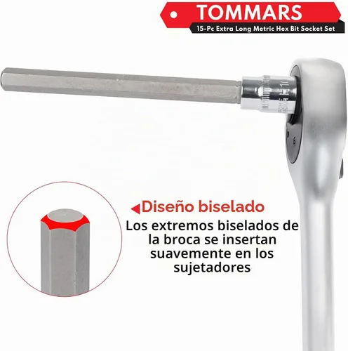 Vista 5 de TOMMARS Juego de llaves de vaso con broca hexagonal larga métrica de 15 piezas, juego de vasos extra largos S2 de acero de aleación 3/8", 1/2