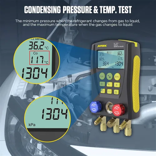 Vista 3 de Medidor de colector digital de refrigeración, kit de probador de temperatura de presión de vacío HVAC con clip de prueba y tubería para probar