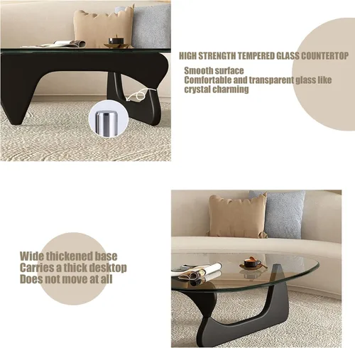 Vista 3 de Mesa auxiliar de cristal triangular, simple y moderna, mesa auxiliar vintage de vidrio y base de madera maciza, mesa auxiliar para sala de estar