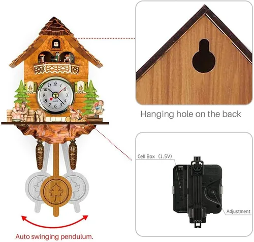 Vista 3 de FITBEST Reloj de cuco tradicional de madera hecho a mano con pájaros, funciona con pilas, reloj de cuarzo de péndulo de pared para decoración