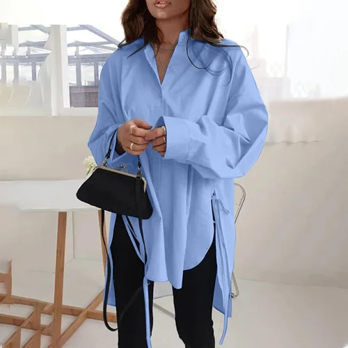 Vista 55 de Camisas de manga larga con botones para mujer, asimétricas, casuales, con cordones, túnica de gran