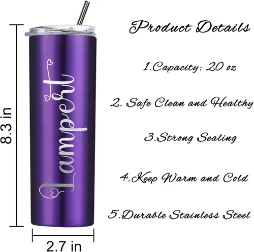 Vista 4 de Vasos delgados personalizados con tapas y pajitas, vaso delgado de acero inoxidable grabado con láser, vasos personalizados con nombre de 20 onzas