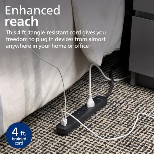 Vista 4 de Philips Protector de sobretensiones de 4 tomas, cable trenzado de 4 pies, 1 USB-C, 1 USB-A, cable de extensión, tira de alimentación, para el hogar