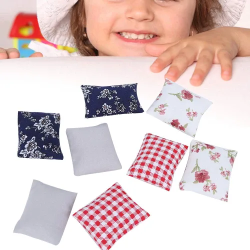 Vista 9 de Almohada de muñeca 1:12, 8 piezas de tela suave, mini almohadas ligeras, modelo de casa de muñecas en miniatura, accesorio de juguete