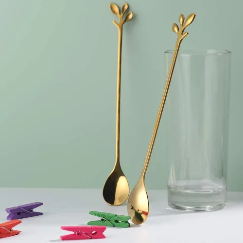 Vista 6 de Comicfs - Juego de 6 cucharas de té helado de mango largo, cuchara de helado de 7.6 pulgadas, cucharas creativas de cóctel de hoja dorada, acero