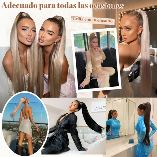 Vista 6 de Extensión de cola de caballo Flufymooz, 26 pulgadas de largo, cola de caballo recta con cordón, postizos sintéticos, colas de caballo falsas Marrón