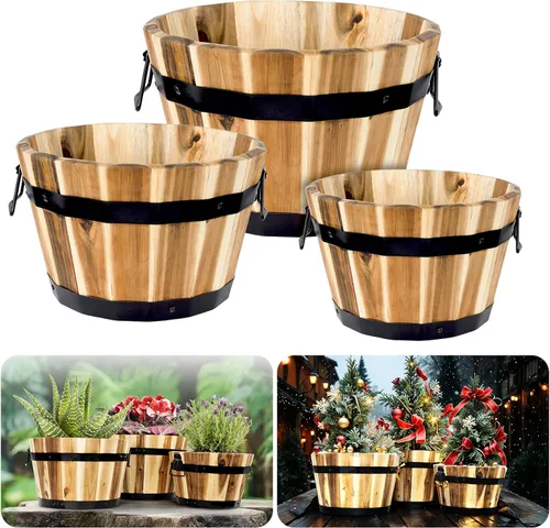 Vista 18 de Juego de 3 cajas de flores de madera para exteriores, macetas de barril de madera de acacia duraderas para plantas al aire libre con asas