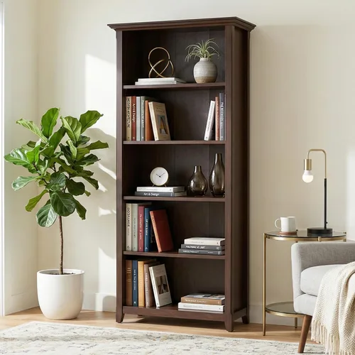 Vista 2 de SIMPLIHOME Amherst - Librero de 70 pulgadas de alto con 5 estantes de madera maciza en color marrón rústico, almacenamiento transicional para sala