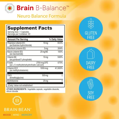 Vista 4 de Brain B Balance: Multivitamínico metilado - Fórmula neurobalance del complejo B metilado - Metilfolato apoya el estado de ánimo.Mind.Memory - 60