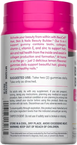 Vista 3 de NeoCell Gomitas para el cabello, piel y uñas, 60 unidades Péptidos de colágeno más biotina Con vitaminas C y E Fórmula avanzada constructora