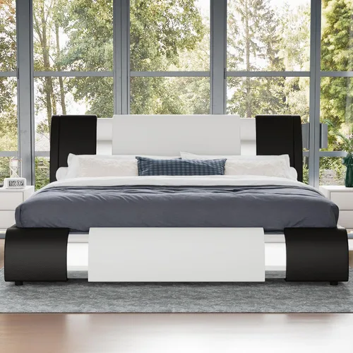 Vista 9 de WEEWAY Base de cama tamaño Queen con decoración moderna de piezas de hierro, cama de plataforma de piel sintética con cabecera ajustable curvada