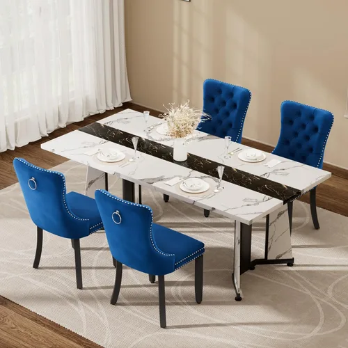 Vista 17 de Juego de mesa de comedor de 5 piezas con 4 sillas, mesa de comedor rectangular de madera de 71 pulgadas con sillas de comedor de terciopelo, tablero