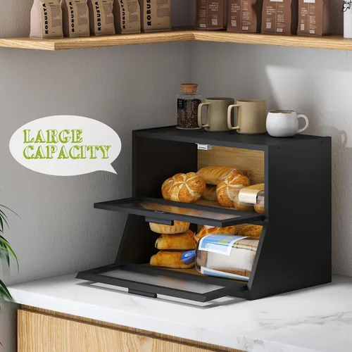 Vista 5 de BMOSU Panera grande de doble capa de bambú para encimera de cocina, contenedor de pan, contenedor de pan de granja, contenedor de almacenamiento