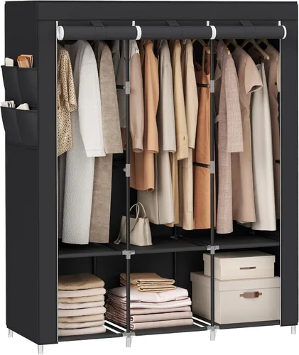 Vista 9 de SONGMICS Armario portátil, Organizador de armario con cubierta, 2 barras para colgar y estantes, 4 bolsillos laterales, 33.9 x 17.7 x 65.7 pulgadas