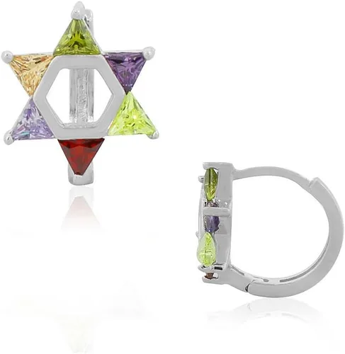 Vista 2 de Aretes de aro de plata de ley 925 con circonita cúbica transparente y multicolor con estrella judía de David