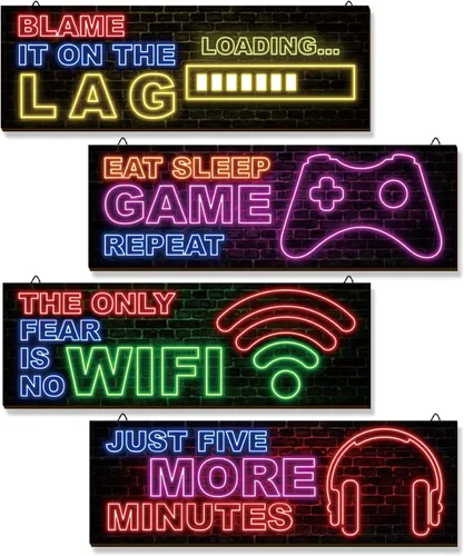 Vista 9 de clothmile 4 piezas de decoración de juegos de neón para la habitación de los niños, arte de pared de videojuegos de madera, cita motivacional