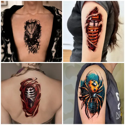 Vista 5 de 77 hojas de tatuajes temporales realistas en 3D para adultos y niños, calavera de araña, tigre, león, dragón, serpiente, tatuajes temporales
