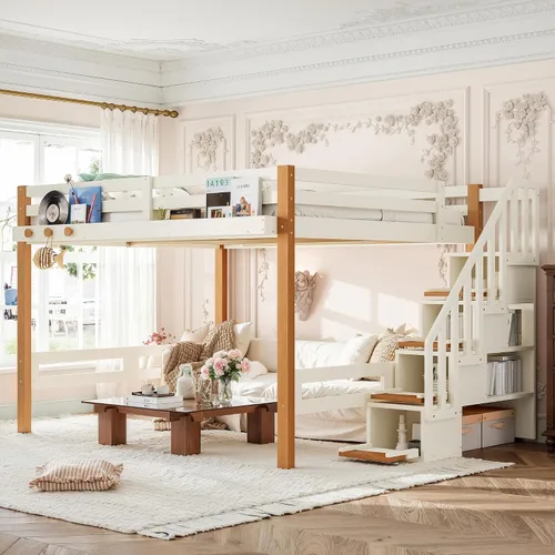 Vista 4 de Queen Loft Bed with Shelves and Clothes Hook, Space-Saving Wood Loft Bed Frame with Staircase and Ample Under-Bed Space, Beige & Natural