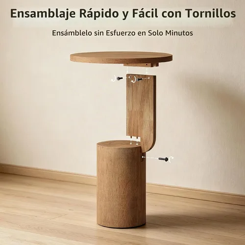 Vista 4 de COZAYH Farmhouse - Mesa alta para bebidas con base de diseño geométrico, natural Mesa auxiliar minimalista moderna redonda de madera en forma de C