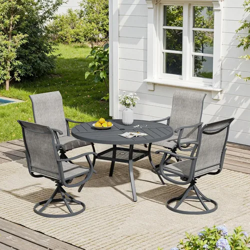 Vista 79 de VICLLAX Muebles pequeños de exterior de 3 piezas, 2 sillas giratorias de patio y mesa redonda pequeña para 2, sillas de carbón oscuro y negro