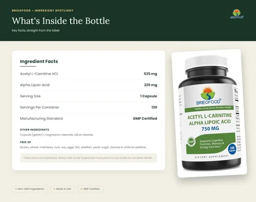Vista 3 de Brieofood Acido acetil L-carnitina alfa lipoico (ALA ALC) 750 mg 120 Cápsulas