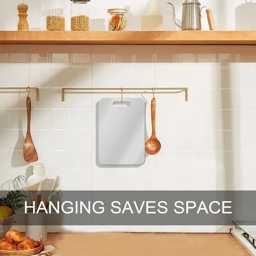 Vista 5 de Tabla de cortar de titanio para cocina, tablas de cortar de acero inoxidable de doble cara de grado alimenticio para cortar verduras y carne, fácil