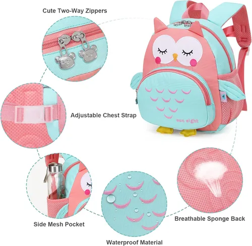 Vista 3 de Mochila para niñas y niños bonita mochila escolar de dibujos animados en 3D para bebé niña de 2 a 5 años Owl