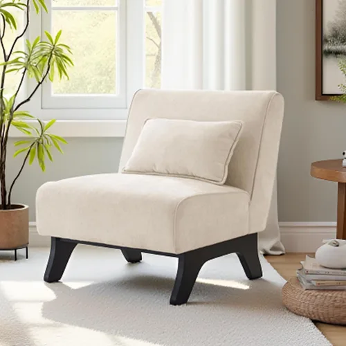 Vista 3 de Silla de acento tapizada sin brazos, sillas modernas y cómodas para sala de estar con patas de madera y almohadas, sofá cama lateral para dormitorio