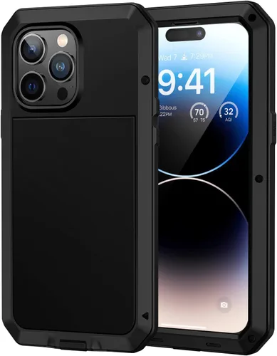Vista 14 de Lanhiem Funda de metal para iPhone 14, resistente a los golpes, con protector de pantalla de vidrio integrado, 360º cuerpo completo a prueba de Negro