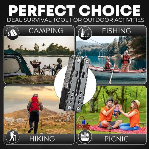 Vista 4 de Alicates multiherramienta 14 en 1 de acero inoxidable, grandes accesorios de camping, regalos de múltiples herramientas para hombres con soporte