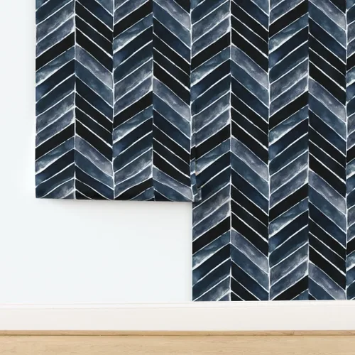 Vista 3 de Spoonflower Papel pintado de grado comercial Swatch - Papel pintado Chevron Indigo Blue Herringbone Papel pintado tradicional Sample 12" x 24
