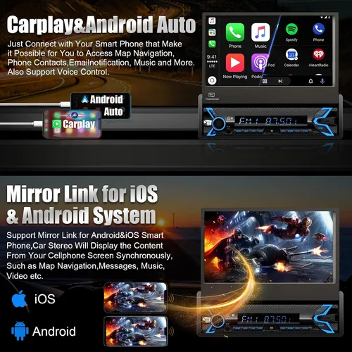 Vista 2 de Estéreo de automóvil de un solo DIN compatible con Apple Carplay y Android Auto, pantalla táctil HD plegable motorizada con flip de 7 pulgadas