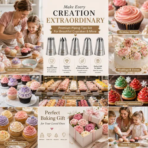Vista 6 de Paquete de 5 boquillas de tubería extra grandes, 9 pies, 1B, 1C, 1E, 356 #, puntas de glaseado de acero inoxidable sin costuras para cupcakes