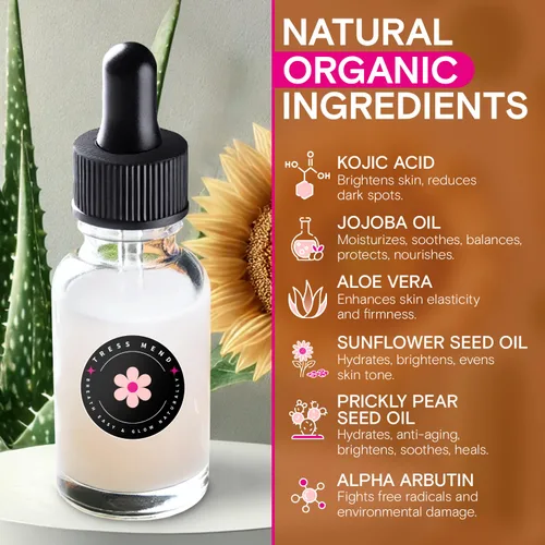 Vista 6 de TressMend Alpha Arbutin + suero de ácido kójico, suero facial hidratante para la piel con aloe vera y aceites naturales