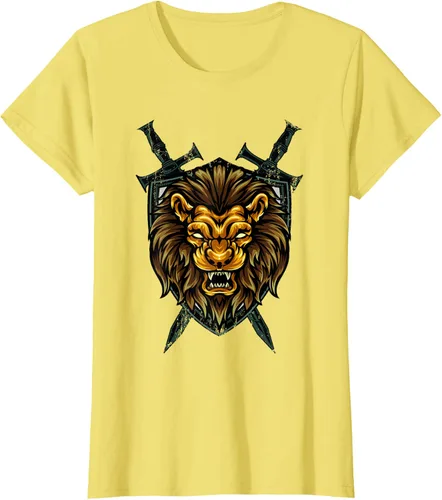Vista 71 de Camiseta con diseño de caballero medieval renacentista, con diseño de espada de león, Negro, S