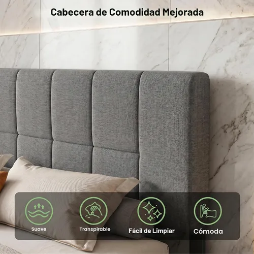 Vista 6 de Marsail Base de cama tapizada de tamaño matrimonial con 2 cajones de almacenamiento, cabecera ajustable, se adapta a colchones de 6 a 12 pulgadas