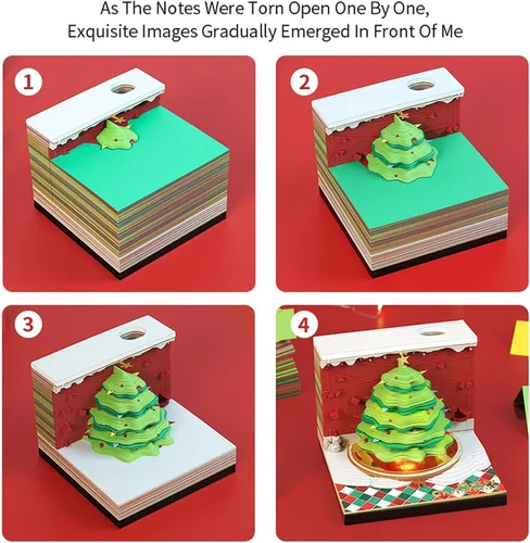 Vista 7 de Bloc de notas 3D para árbol de Navidad con luz, bloc de notas kawaii antiadherente, notas adhesivas 3D, bloc de notas de arte tridimensional