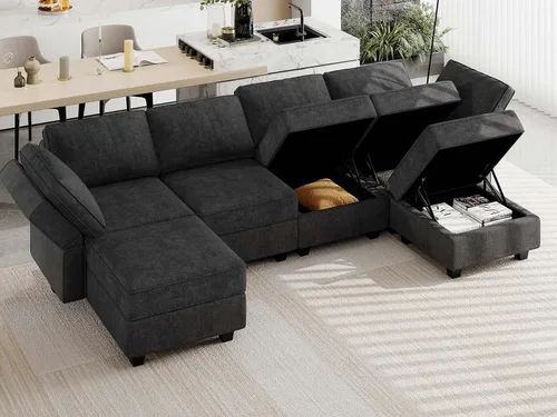 Vista 4 de Belffin Sofá en forma de U Sofá modular reversible de almacenamiento otomano Sofá de 6 plazas sofás grandes Sofá en forma de U Negro