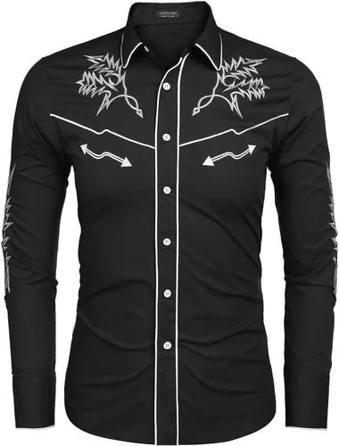 Vista 2 de COOFANDY Camisa vaquera occidental bordada de manga larga de algodón casual con botones para hombre