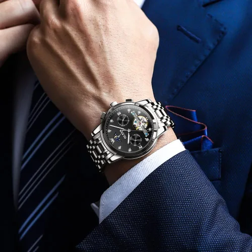 Vista 3 de OLEVS Men Automatic Watch Skeleton Moon Phase Dial Luxury Dress Stainless Steel Strap 5 Hands Diamond Men Wrist Watches