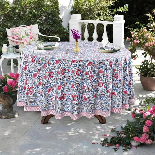 Vista 3 de Ridhi Mantel redondo estampado a mano color rosa flamenco 110 pulgadas 100%